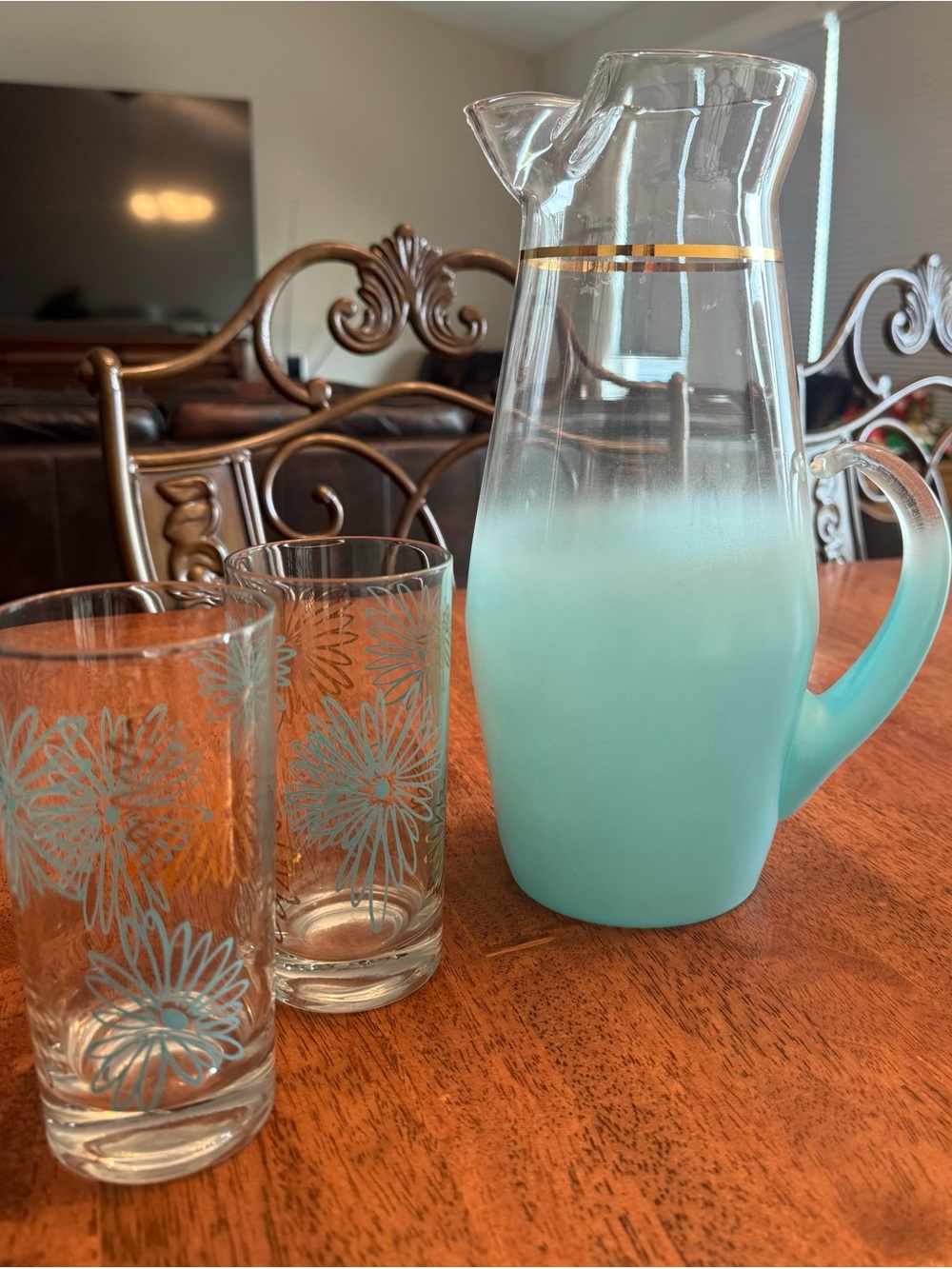 Vintage/ MCM Frosty Blendo Pitcher Turquoise Gold & Floral glasses barware set